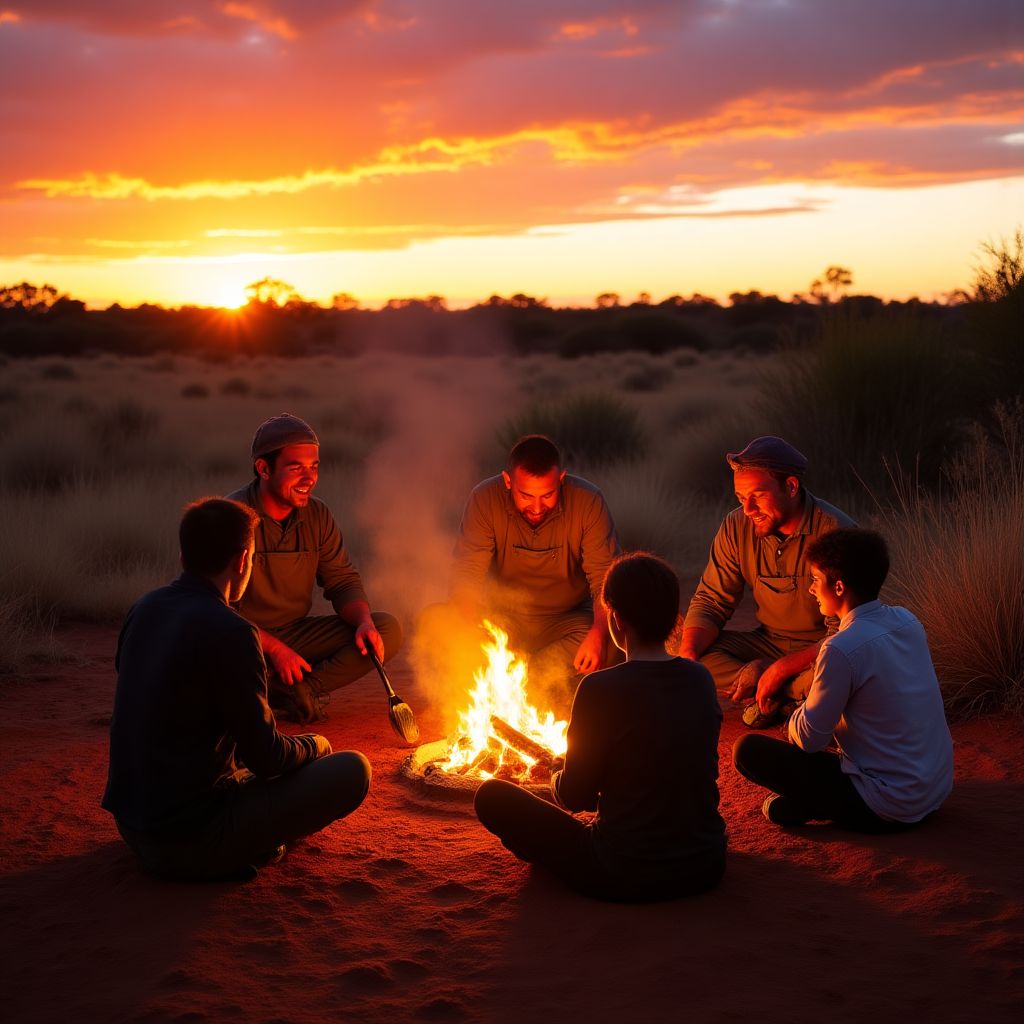 Bush Tucker Delights team around campfire